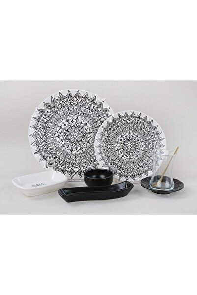 Keramika KERAMİKA 19 Parça 4 Kişilik Kahvaltı Takımı SİYAH BEYAZ