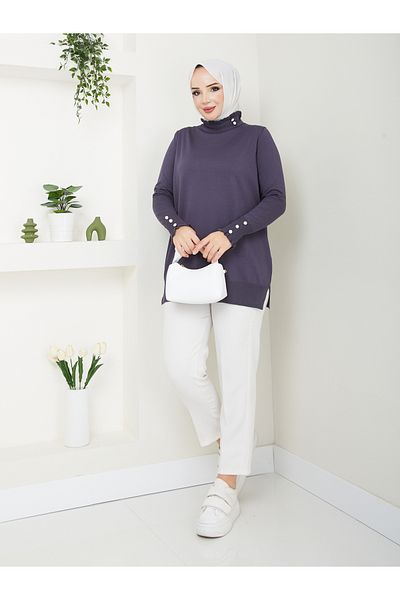 Pamuk Butik Tunica de tricotaje mercerizate cu guler cu volane pentru femei