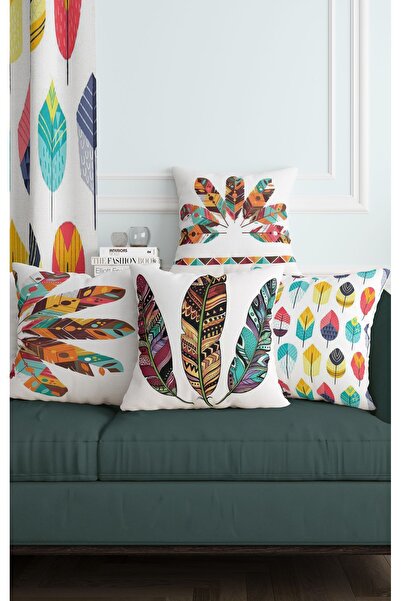 ALAMODECOR Λευκό φόντο με πολύχρωμο σχέδιο με φτερά διπλής όψης Djigital με τύπωμα Κάλυμμα μαξιλαριού ριχτάρι 4τμχ