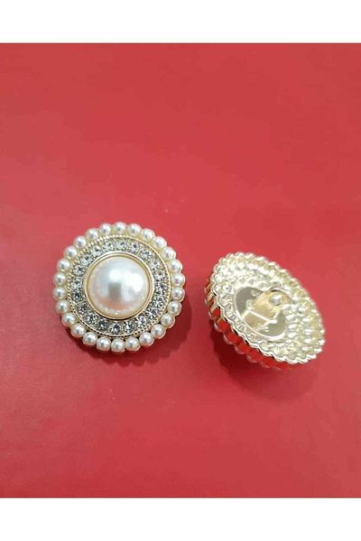 İMREN AKSESUAR Special Design Metal Button with 2.5 cm Light Gold Plated and Crystal Stone Pearls 1 Pair