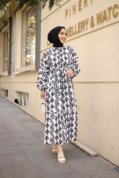 shalby Zenn Pattern Semi-Buttoned Belted Hijab Dress Plus Size Black