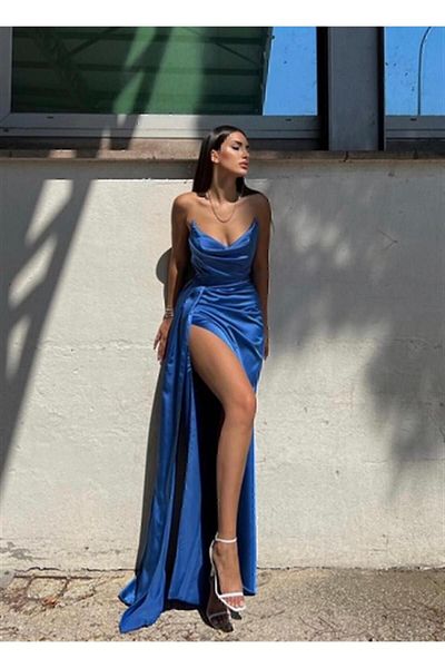 YAREN GENÇ WOMEN'S COTTON SATIN ALLER SLIT DETAIL DEGAJE COLLAR LONG GOWN DRESS