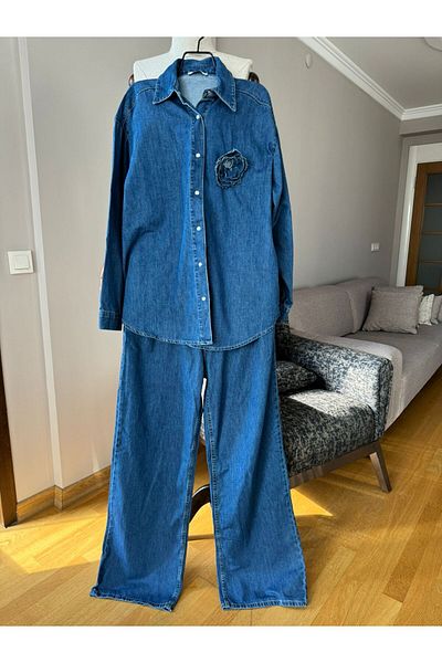 Natavan Dark Blue Shirt Jeans Set with Brooch Detail