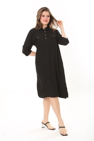 Şans Women's Plus Size Black Front Placket Buttoned Ornamental Chest Pocket Sleeve-Length Adjustable Dress 65N37871