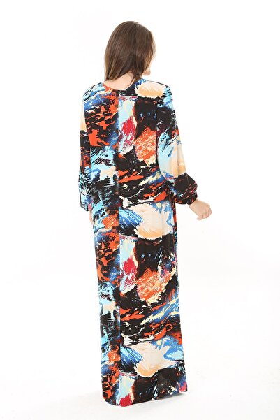 Şans Жіноче велике розмір синє плаття з довгими рукавами та шнурівкою на комірі 65N37869