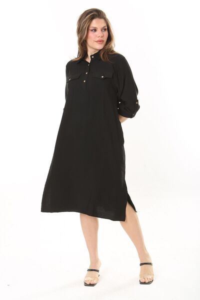 Şans Women's Plus Size Black Front Placket Buttoned Ornamental Chest Pocket Sleeve-Length Adjustable Dress 65N37871