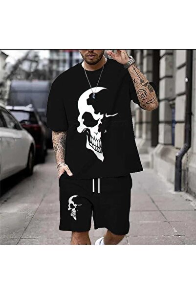 Frisson Καλοκαιρινό νέο casual ανδρικό σετ μπλουζάκι με στάμπα κρανίου μεγάλο...