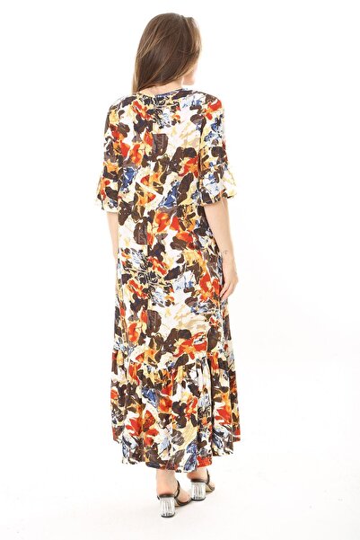 Şans Women's Large Size Color Woven Viscose Fabric Skirt Layered Short Sleeve Dress 65N37868