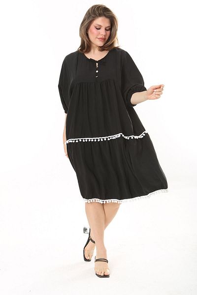 Şans Women's Plus Size Black Front Placket Buttoned Chest Gather and Pompom Detailed Dress 65N37870