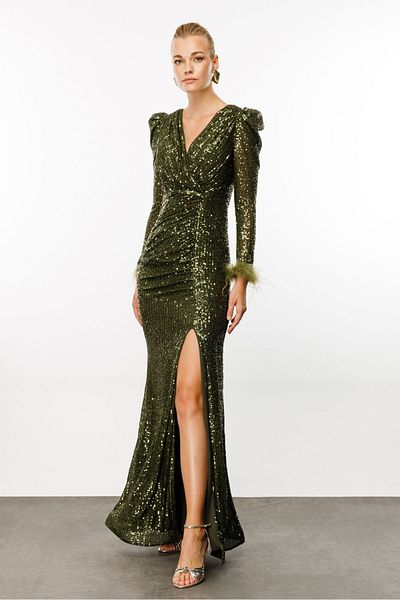 TASH TASH Paqueted Sleeve with Otrished Long Gown Dress
