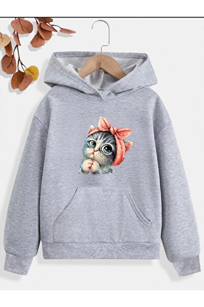 LAND MODA Сладък суичър с качулка с принт на котка