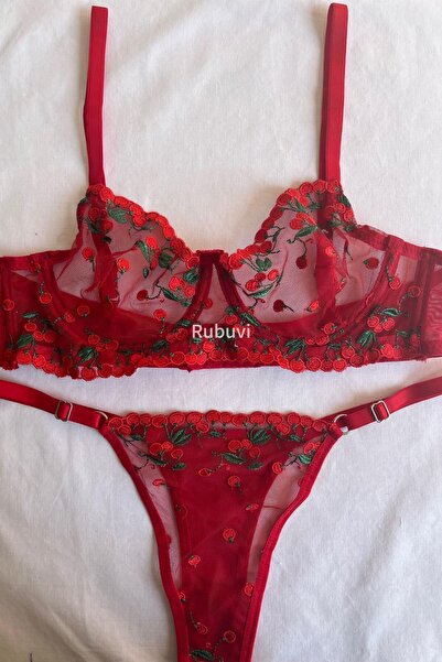 Rubuvi Cseresznyepiros virágos hímzett Brode Underwire csipke tüll melltartó szett