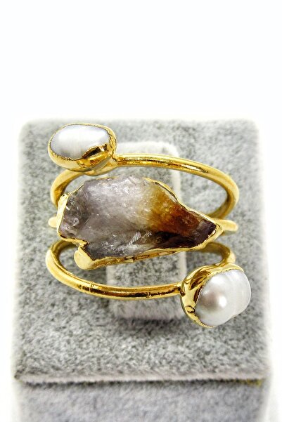 Anpiel Gerçek Beyaz İnci Akik Doğal Taşlı 3’lü Altın Kaplama Ayarlanabilir Yüzük