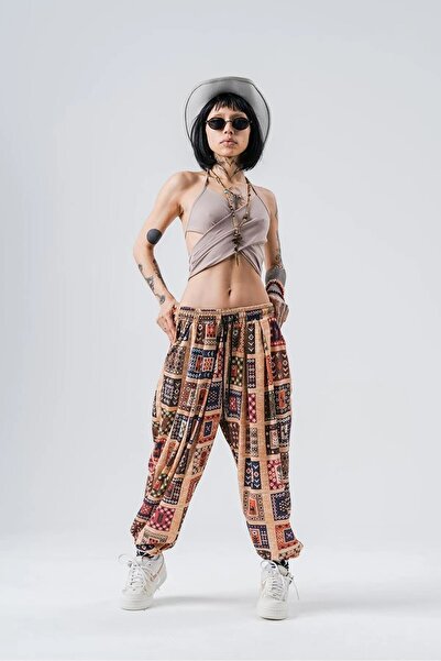 Namaste Vintage Retro model beli ve paçası lastikli unisex şalvar pantolon (Kalın kumaş)