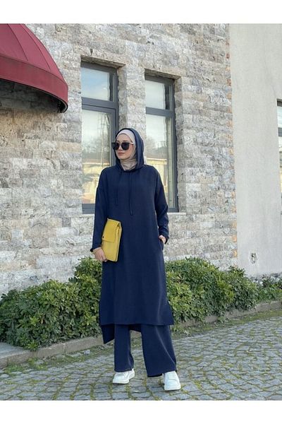 NS Moda Hijab Hooded Tunic Trousers Set Navy Blue Model-418