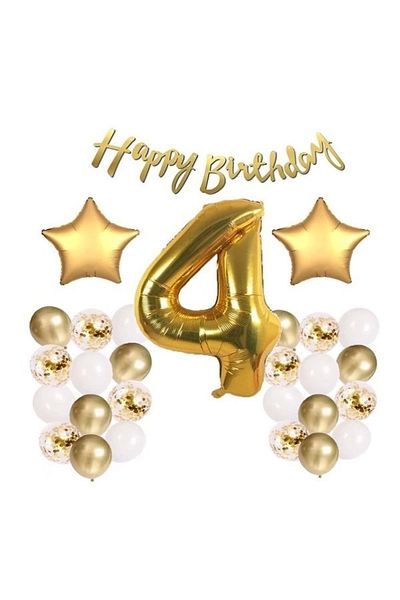 Patladı Gitti Gold Concept 4 Years Birthday Celebration Set; White Gold Confetti Balloon, Number Star Foil and Banner