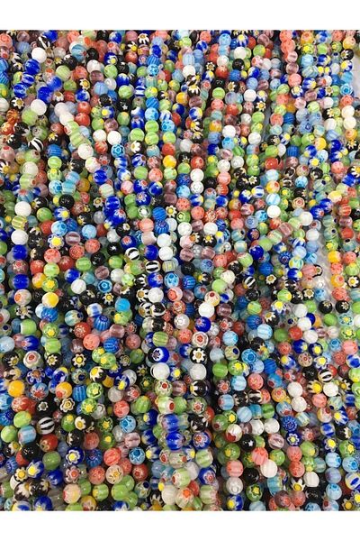 SinAksesuar 10mm Mixed Color Round Flower Patterned Murano Glass Beads 35 Pieces