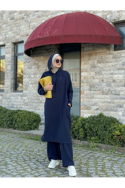 NS Moda Hijab Hooded Tunic Trousers Set Navy Blue Model-418