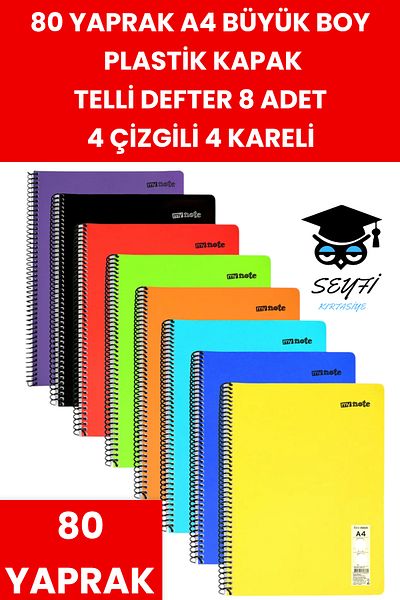 SEYFİKİRTASİYE دفتر ملاحظات سلكي مقاس A4 مكون من 80 ورقة، 8 قطع، 4 خطوط، 4 أغطية بلاستيكية مربعة