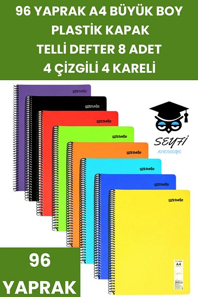 SEYFİKİRTASİYE دفتر ملاحظات سلكي مقاس A4 مكون من 96 ورقة، 8 قطع، 4 خطوط، 4 أغطية بلاستيكية مربعة