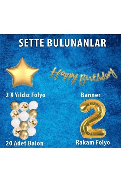 Patladı Gitti Gold Concept 2 Year Old Birthday Celebration Set; White Gold Confetti Balloon, Number Star Foil and Banner