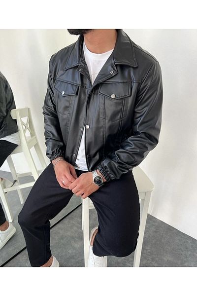 İLKCET MODA Εποχιακό Vintage Oversize κοντό δερμάτινο μπουφάν