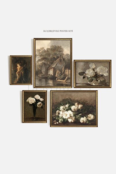 HOME DEKORİSTA Çerçeveli Vintage 5'li Tablo Seti, Galeri Duvarı, Sanatsal Bas...