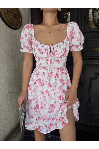 POYDER FIRFIR DETAYLI KARE YAKA ÇİÇEK DESENLİ MİNİ ELBİSE