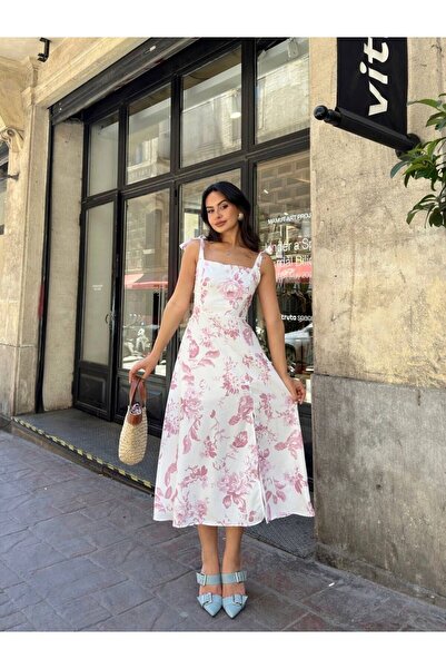 POYDER ÇİÇEKLİ MİDİ BOY ASKI BAĞLAMALI YIRTMAÇLI SIRT DEKOLTELİ ELBİSE