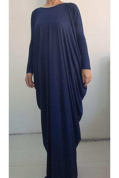 Mertcan Butik Μπλε ναυτικό μανίκι Hijab Ferace - Φαρδύ ντραπέ φόρεμα