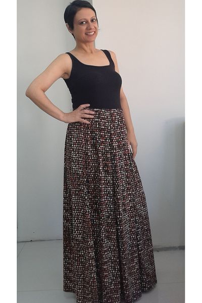 Mertcan Butik Μαύρη κρεπ βισκόζη φούστα 6 τεμαχίων με σχέδιο - Ελαστική μέση