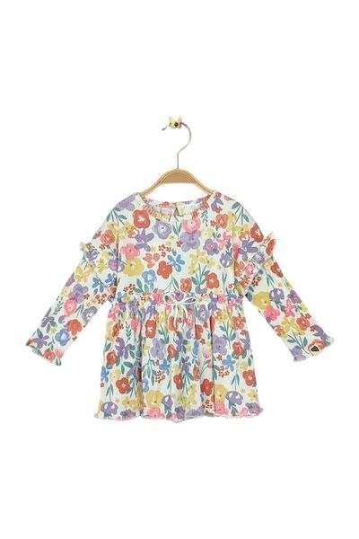 Via Girls Kız Bebek Yarasa Kol Fırfırlı Büzgülü Robalı Çiçek Baskılı Elbise | 9-24 Ay Bebek Giyim