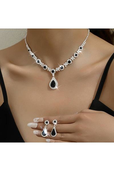 Estilo Lingerie Black Crystal Jewelled Necklace and Earrings Set - Special Occasions and Wedding Bridal Set
