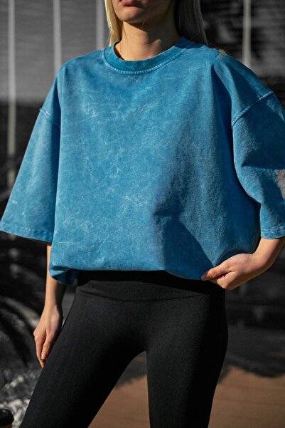 İLKCET MODA Λεπτομέρεια πλύσης Oversize Unisex χτενισμένο βαμβακερό μπλουζάκι