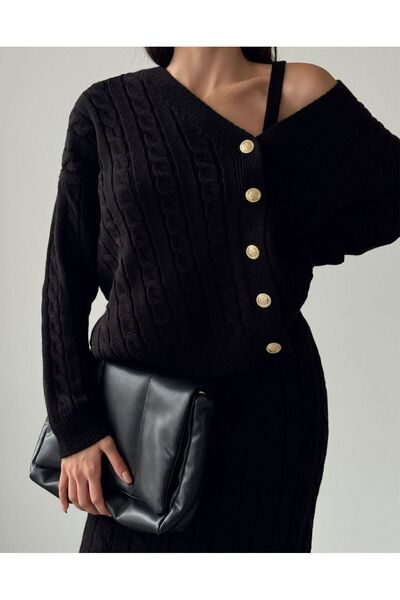 Lusin Women's Hair Braid Detailed Skirt Cardigan Crop Triple Knitwear Set - Black