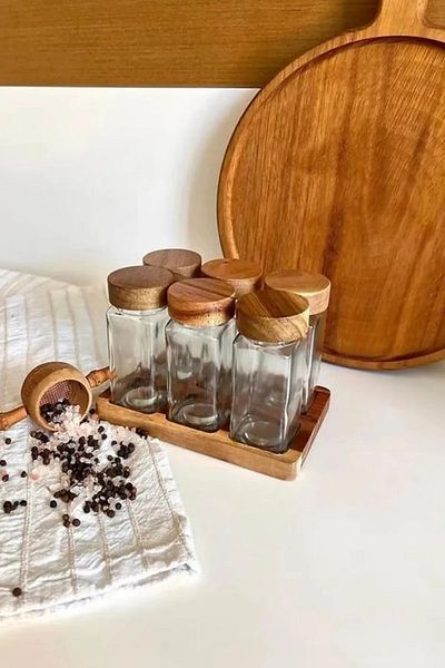MİEN 6-Piece Acacia and Glass Spice Bowl Set