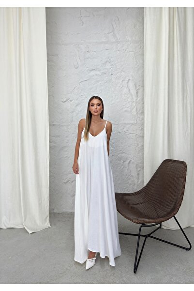 Patreon Rochie lungă albă - Bretele reglabile, țesătură aerobin