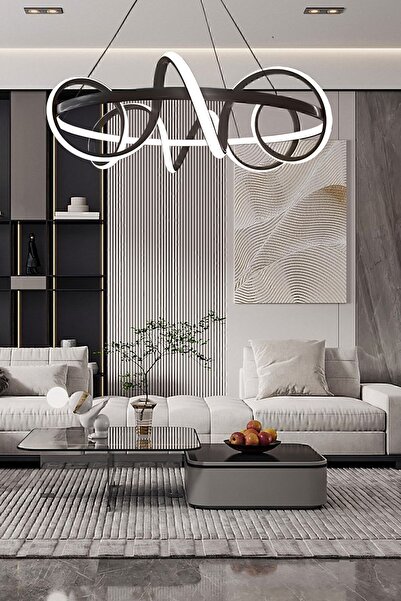 LEDMİ Spiral Halka Siyah Ledli Avize, Salon Avizesi, Modern Aydınlatma Avizesi, Tasarım Ledli Avize