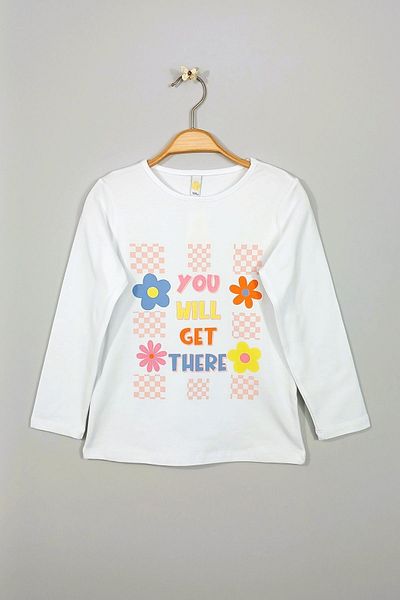 Via Girls 6-9 Years Old Girl - Crew Neck White Body, Daisy and Text Design |   Clothing
