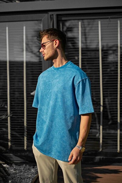 İLKCET MODA Λεπτομέρεια πλύσης Oversize Unisex χτενισμένο βαμβακερό μπλουζάκι