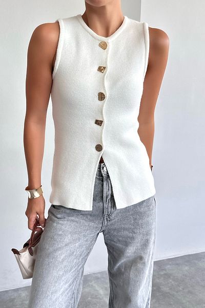 motina Geometric Bone Patterned Crew Neck Women's Vest - Button Detailed