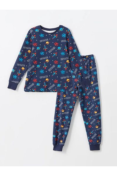 LC Waikiki Lcw Kids Boy Velvet Pajamas Set - Navy Printed, Crew Neck