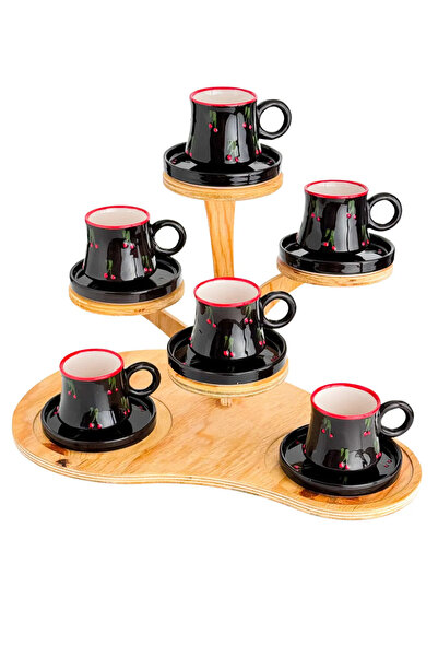 Porsellena Ceramic Coffee Cup - 6-Piece Black Cherry Pattern, Handmade Series