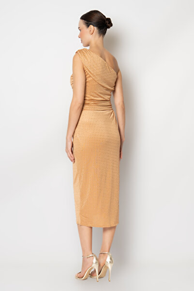 RENGIN Göğsü enine pileli tek omuz taşlı örme abiye elbise