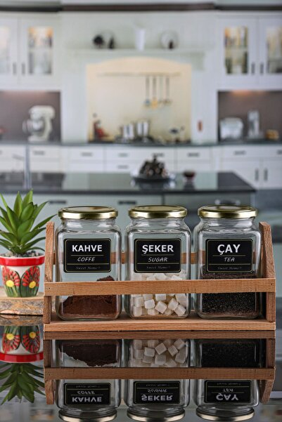 Karçiçeği Home 3-Piece Tea Coffee Candy Jar Set with Stand and Label 1000ml with Gold Lid