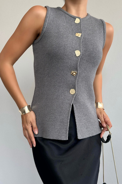 LOOSH Anthracite Geometric Vest - Crew Neck and Button Detail