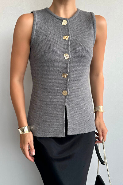 LOOSH Anthracite Geometric Vest - Crew Neck and Button Detail