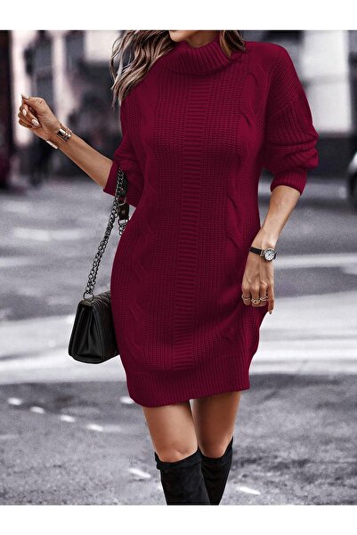 AQE FASHION Vlasový cop & Selanik pletené vzorované odkazy Detail rolák Dlouhý rukáv Zadní strana Detailní vínová pletenina Šatová tunika
