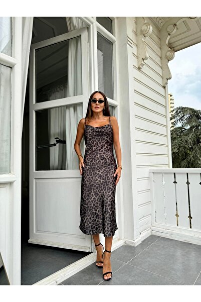 Julidress Satin Midi Dress - Khaki Leopard Print, Degaje Collar, Straps