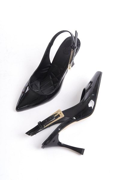 Modabuymus Stiletto din piele neagră lacuită - pantofi de seară cu cataramă aurie